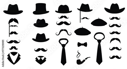 Collection of black silhouette vintage gentleman accessories including hats mustaches ties and suits Keywords: hat top hat fedora cowboy hat beret