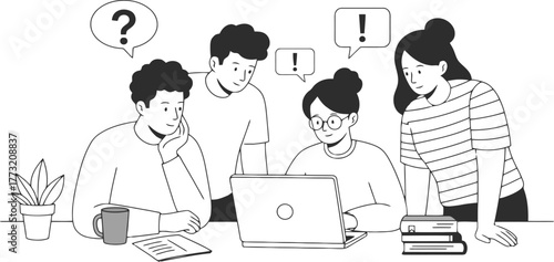 Diverse group of young people gathered around a laptop with question and exclamation marks adults team