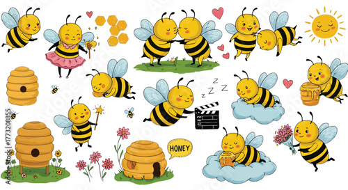 Cute cartoon bees and beehives with honeycomb and flowers vector illustration