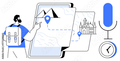 Backpacker interacting with a map featuring location pins, destinations, and a route. Includes microphone and clock icons. Ideal for travel, navigation, time planning, technology, tourism