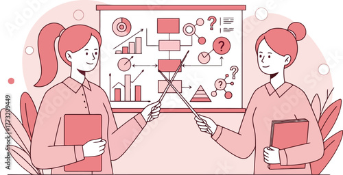 Two women presenting a business chart with graphs and flowcharts Keywords: presentation, business, meeting, chart, graph, flowchart, data, analysis