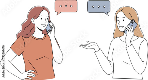 Two young women talking on mobile phones with speech bubbles above their heads girls friends