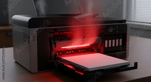 Rendering of a malfunctioning, overheated printer with red glow and steam