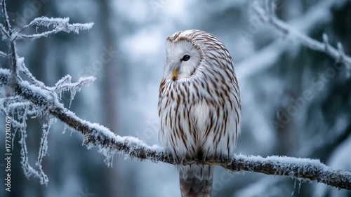 Snowy owl perched on a frost-coated branch, amber eyes, wintry blue blurred forest backdrop. acutely