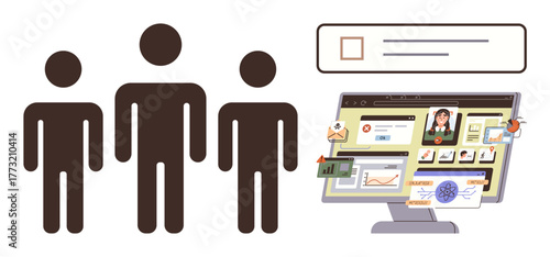 Group of three individuals next to a computer screen displaying online profiles, digital documents, and data charts. Ideal for teamwork, workflow, remote work, project planning, organization, digital