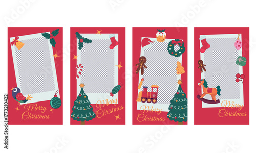 Adorable Christmas Instagram story twibbon set in flat design with tree, toy, wreath, and gift decorations, perfect for holiday greetings and festive photo frame templates.