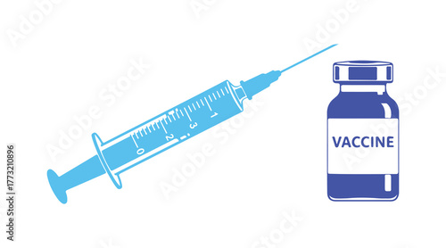 An illustration of medical tools - a syringe and a vaccine bottle set on a white surface.