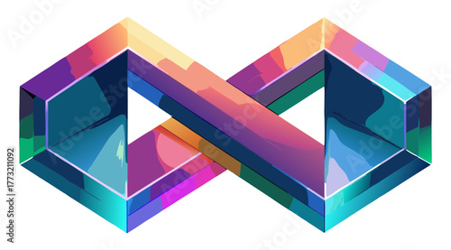 Vibrant, faceted 3D infinity loop or Mobius strip rendered in a modern, iridescent holographic palette. Abstract geometric symbol for concepts of eternity, connection, cycles, and limitlessness.