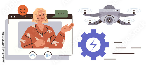 Person speaking on video call interface, quadcopter hovering in air, and gear with lightning bolt. Ideal for communication, technology, innovation, automation, energy education remote work. Simple