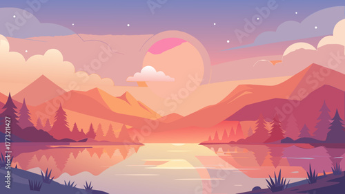 Serene mountain landscape illustration at sunset/sunrise, featuring layered mountains, pine trees, and a lake with reflection. Flat design vector background in warm oranges, pinks, and purples.