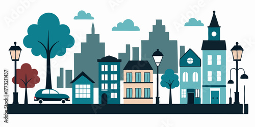 Stylized vector cityscape illustration showing a row of diverse houses and apartment buildings against an abstract skyline. Flat design graphic representing urban life, neighborhoods, and real estate.