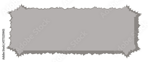Gray rectangular banner or text box with rough, jagged, worn edges, suggesting a ripped piece of fabric, leather, or torn paper. Abstract background graphic for grunge, vintage, and aged designs.