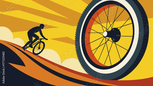 Dynamic retro poster illustration of a cyclist riding uphill beside a massive bicycle wheel against a warm, stylized sky. Conveys effort, sport, cycling, adventure, and motion in a vintage graphic sty