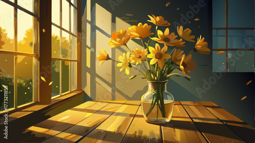Warm, sunlit scene of a glass vase holding bright yellow sunflowers on a wooden table, illuminated by morning light streaming through a large window. Peaceful and cozy home interior background.