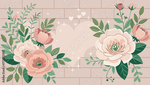 Elegant floral frame with delicate roses and foliage bordering a central heart shape on a subtle brick background. Perfect for wedding invitations, Valentine's Day, romance, and heartfelt messages.