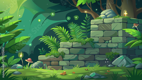 Lush, magical forest landscape featuring an ancient stone ruin, glowing fireflies, ferns, and mushrooms in a vibrant, stylized digital illustration for games or fantasy.