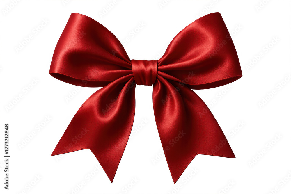 Fototapeta premium Red satin bow enhancing a gift, symbolizing celebration. Perfect for holidays, luxury packaging, and elegant decoration. Transparent background included