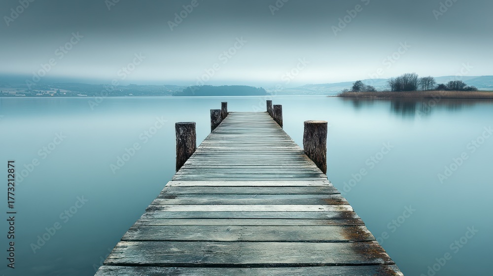 Fototapeta premium Misty lake, wooden pier, tranquil scene, serene landscape, perfect for wallpaper or desktop background