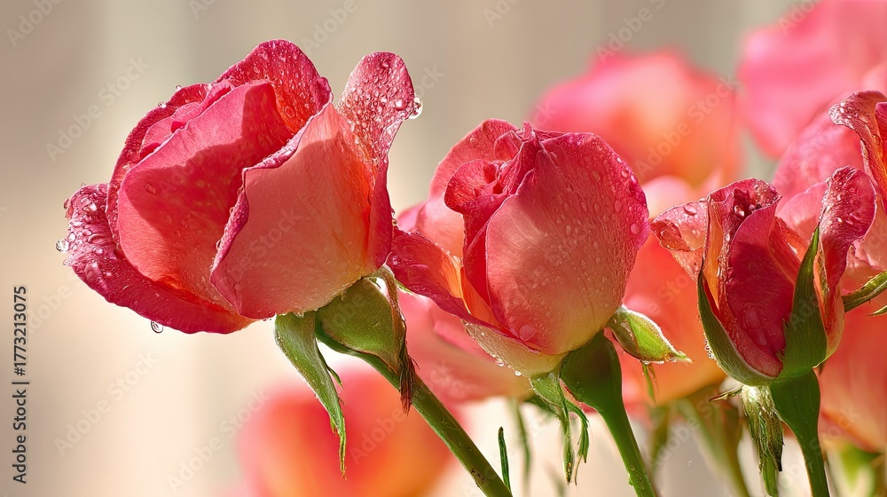 Fototapeta premium Several pink rose buds glisten with fresh water droplets in soft sunlight