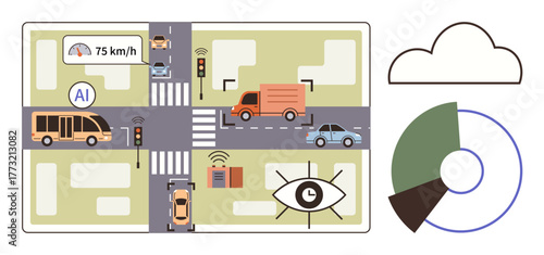 AI controlling traffic at urban intersection with connected cars, buses, and signals. Integrated cloud connectivity, safety, efficiency, and technology visualization. Ideal for innovation