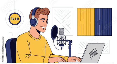 Podcast Host Recording Radio Show In Studio With Professional Equipment