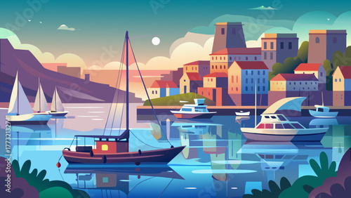 Scenic, stylized view of a Mediterranean coastal town with boats moored in the harbor at sunset or sunrise. Ideal for travel, vacation, and leisure designs.