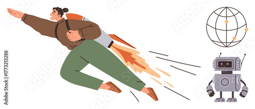 Person flying with a jetpack, robot companion, and globe with connection nodes. Ideal for innovation, technology, exploration, teamwork, global connectivity futuristic vision career growth. Simple