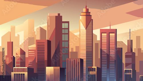 Warm, stylized cityscape background showcasing modern skyscrapers and towers against an orange and gold sunset or sunrise sky. Ideal for business and metropolitan themes.