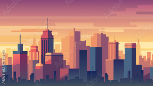 Flat design cityscape panorama featuring a skyline of modern skyscrapers silhouetted against a dramatic sunset or sunrise sky with geometric cloud layers.