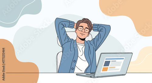 Relaxed Man Enjoying His Workday With Laptop, Perfect Time For Recreation Moments