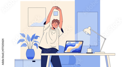 Stretching Break During Work: Man Rejuvenating At Home Office, Relaxing And Refreshing