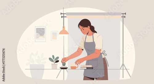 Woman Arranging Decorations and Elements in Creative Studio Environment Illustration