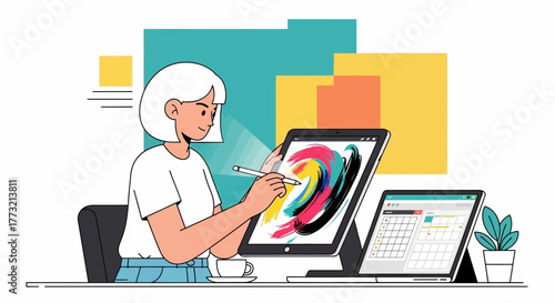 Woman Creates Digital Art Using Tablet Devices And Other Accessories On the Desk