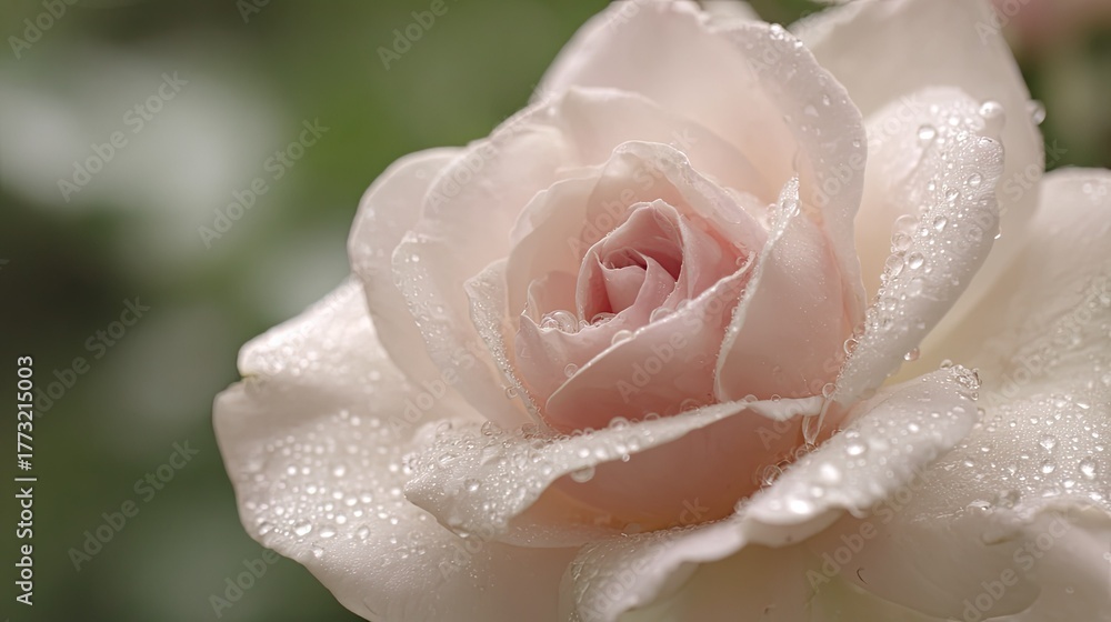 Fototapeta premium Delicate pale pink bloom of a rose covered in shimmering morning dew drops