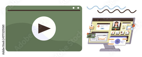 Play button next to a computer displaying an educational interface with charts, graphs, and user profiles. Ideal for online education, virtual learning, e-courses, e-resources, tutorials, tech