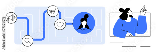 Map with marketing icons showing user journey path to engagement. Points include search, shopping, and connection. Figure analyzing the process. Ideal for marketing, strategy, analysis, customer