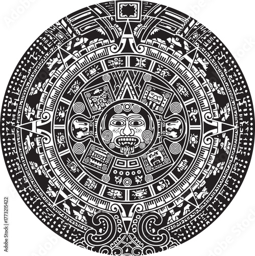 Intricate black and white illustration of an ancient Mesoamerican circular calendar stone, featuring symbolic carvings and complex patterns representing historical and cultural cosmology