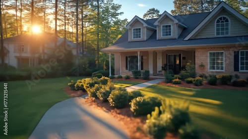 A suburban house with a winding driveway, bathed in warm sunlight