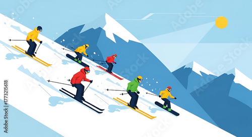 Skiing Adventure on Snowy Mountains Vector Illustration
