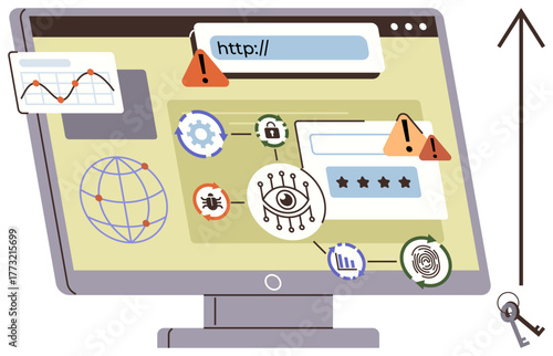 Computer monitor with alert messages, virus icons, login fields, globe, and lock elements. Ideal for cybersecurity, privacy, hacking antivirus data protection internet safety surveillance. Simple