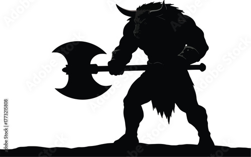 Silhouette of a Powerful Minotaur with Battle Axe Ready for Combat