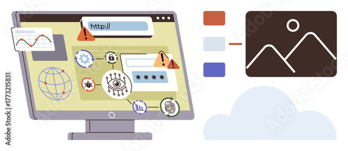 Computer screen with warning icons, security settings, analytics graph, web address bar, and website layout. Ideal for cybersecurity, hacking, phishing, data safety internet alerts and technology