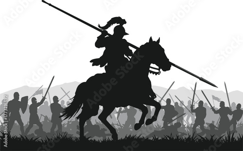 Silhouette of a Knight on Horseback Leading an Army in Battle