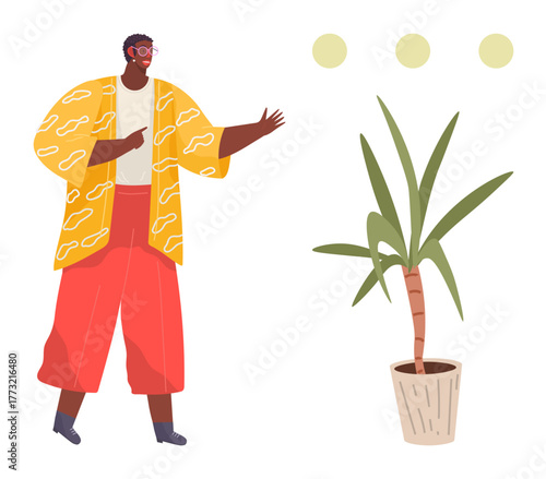 Person wearing patterned attire engaged in conversation or presentation near a green potted plant and three abstract yellow circles. Ideal for creativity, lifestyle, botany, communication