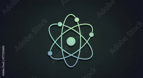 Illustration of an atom with orbiting electrons on a dark background, representing the fundamental building block of matter and energy