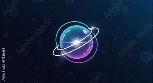 Abstract planet with ring around it, creating a modern and futuristic design with a sense of exploration and discovery in the vastness of space
