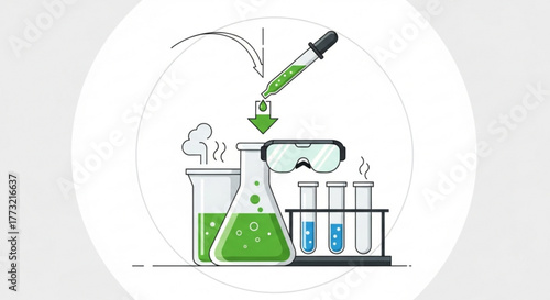 Illustration of chemical experiment with flasks, test tubes, goggles, and a dropper