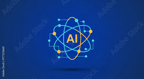 Artificial intelligence and machine learning concept with atom, molecule, and circuit isolated on blue background