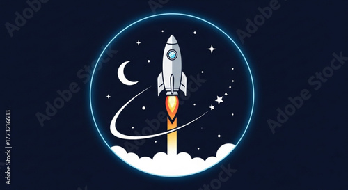Illustration of a rocket taking off into space with stars, moon, and clouds, symbolizing ambition, progress, and the pursuit of dreams