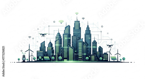 Smart city with renewable energy sources, wind turbines, solar panels, electric vehicles, and drone delivery